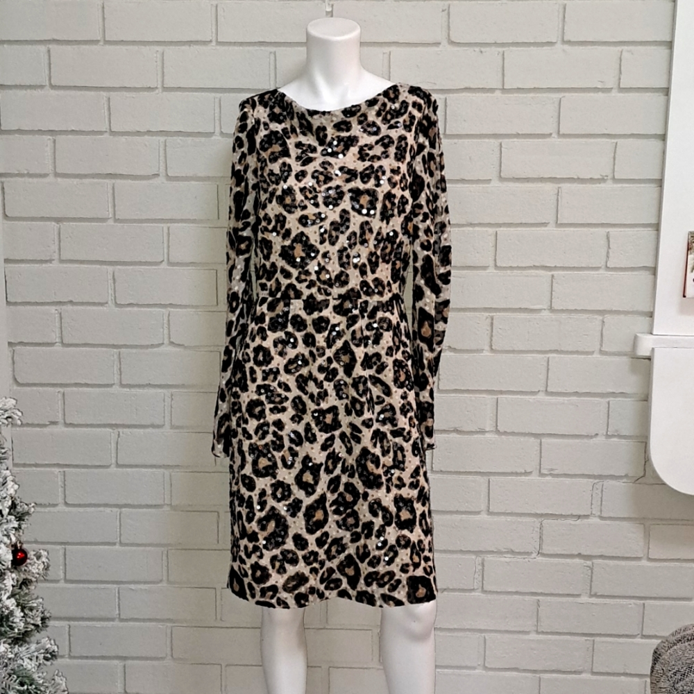 Antonio Melani Brown Leopard Print Sequin Formal Dress. Size 8 NWOT